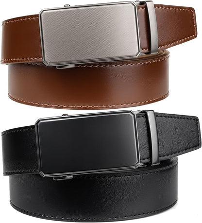 2 Pack Ratchet Belt 1 3/8", Mens leather Dress Belt in Gift Set Size 28"-62" Adjustable waist Trim to Fit