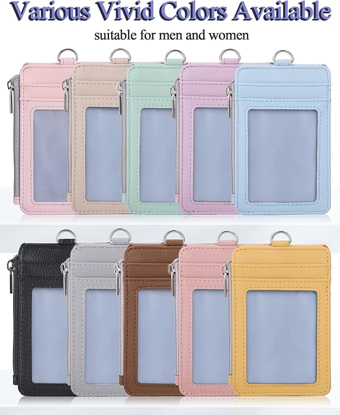 Teskyer Badge Holder with Side Zip Pocket, Multiple Card Slots Leather ID Holder Wallet with Neck Lanyard for Office Staffs, Teachers/Students, Workers, Cruise Cards, Bus/Metro Cards, Lichee Dark Pink