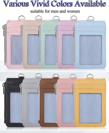 Teskyer Badge Holder with Side Zip Pocket, Multiple Card Slots Leather ID Holder Wallet with Neck Lanyard for Office, Teachers/Students, Workers, Cruise Cards, Metro Cards, Lichee Light Green