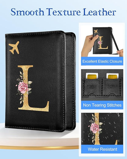 Slohif Initial Passport Holder Cover Wallet Case for Travel Women - Leather Letter Passport Book Family Multiple Personalized Organizer Card Slots Protector Sleeve Essentials Slim Carrier Black L