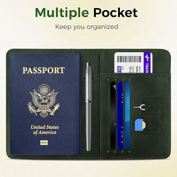 Passport Holder for Travel Women Men - Passport Cover Wallet with Airtag Slot - RFID Blocking PU Leather Passport Holder Case with Card Holder, Pen Slot - Green