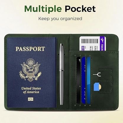 Passport Holder for Travel Women Men - Passport Cover Wallet with Airtag Slot - RFID Blocking PU Leather Passport Holder Case with Card Holder, Pen Slot - Green