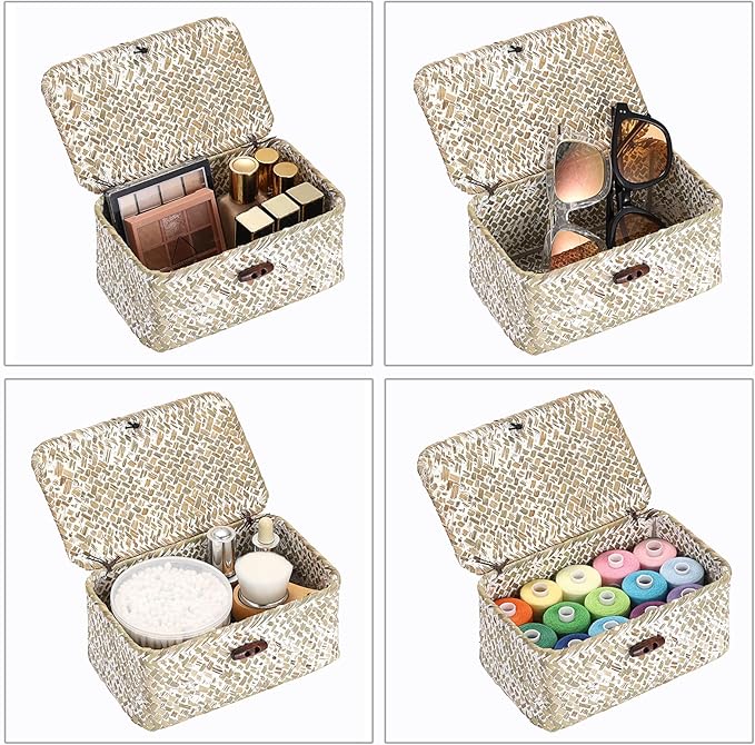 Hipiwe Mini Seagrass Basket with Lid Decorative Shelf Basket Box Multipurpose Desktop Organizer, Whitewash 7.0" x 4.3" x 3.3"