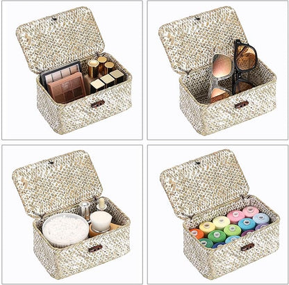 Hipiwe Mini Seagrass Basket with Lid Decorative Shelf Basket Box Multipurpose Desktop Organizer, Whitewash 7.0" x 4.3" x 3.3"