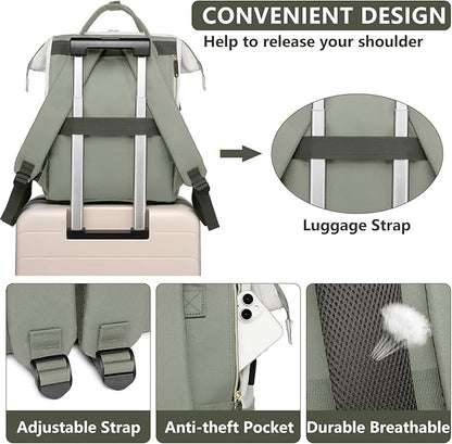 Laptop Backpack Women Work Bag: 15.6 inch Work Bookbag with USB Charging Port Large Travel Backpack Purse for College Nurse Casual Daypack for Teacher Professional Computer Backpack Beige Light Green
