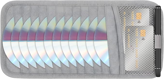 CD Visor Holder for Car, DVD Vehicle Visor Storage Organizer Gray Large Capacity CD Case with 12 Storage Sleeves, 1 Mesh Pocket, 1 Pen Loop & Elastic Strap