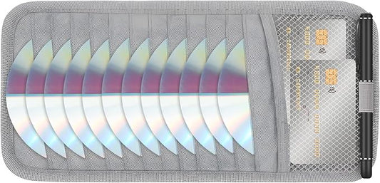 CD Visor Holder for Car, DVD Vehicle Visor Storage Organizer Gray Large Capacity CD Case with 12 Storage Sleeves, 1 Mesh Pocket, 1 Pen Loop & Elastic Strap