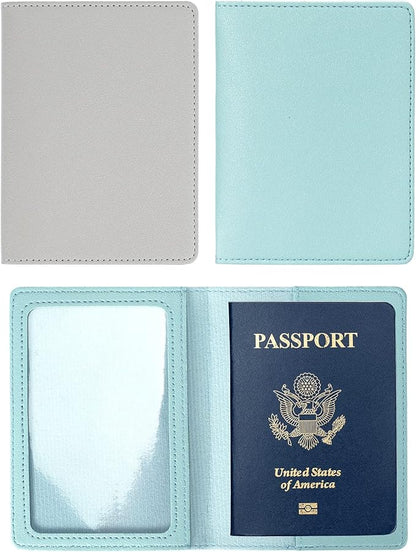2 Pack Passport covers and Vaccine Card Holder PU Leather Passport Wallet Vaccine Case Protector Slot Travel Passport Wallets for Women & Men(D-Grey&blue)
