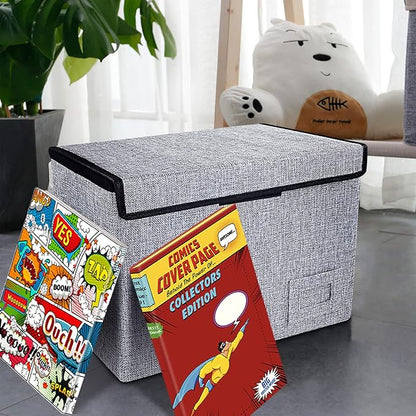 Leffis Comic Book Storage, Box 15.5" X 7.5" X 11.3", Collapsible Comic Short Box with Lids Holds 150 Comics Heavy Duty Comic Book Bin Container (1 pack, grey)
