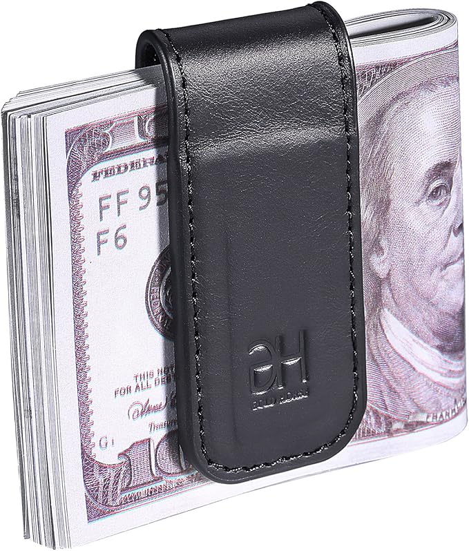 GH GOLD HORSE Slim Magnetic Money Clip Genuine Leather Business Card Holder for Men (Black)