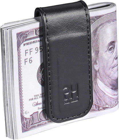 GH GOLD HORSE Slim Magnetic Money Clip Genuine Leather Business Card Holder for Men (Black)