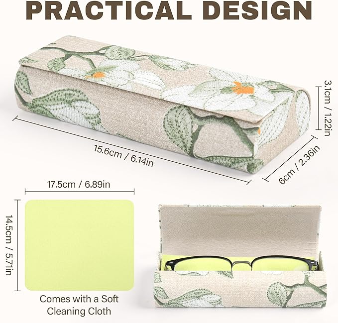 PU Leather Hard Shell Glasses Case, Floral Design Metal Frame, Portable Eyeglass Cases with Cleaning Cloth