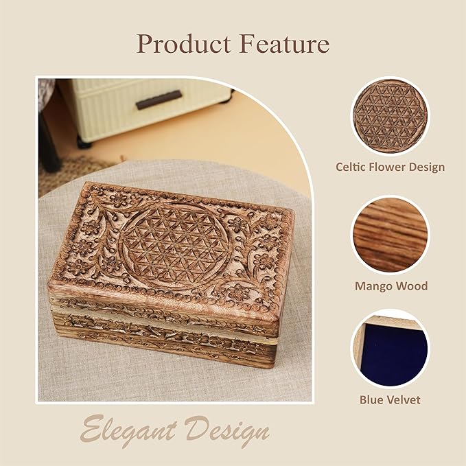 Ajuny Wooden Hand Carved Jewelry Box - Mango Wood Celtic Flower Carving Decorative Keepsake Box, Memory Box Organizer Travel Treasure Chest Trinket Holder Case Great Gifts 8x5 Inch