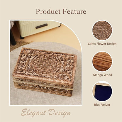 Ajuny Wooden Hand Carved Jewelry Box - Mango Wood Celtic Flower Carving Decorative Keepsake Box, Memory Box Organizer Travel Treasure Chest Trinket Holder Case Great Gifts 8x5 Inch