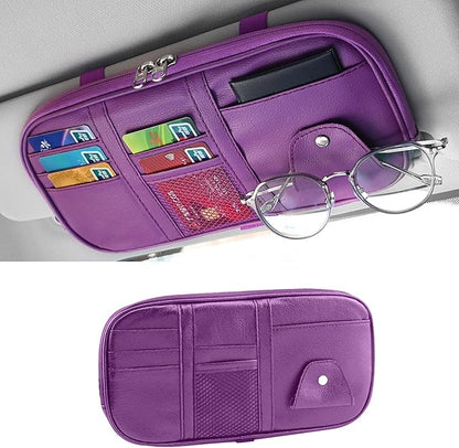 Car Sun Visor Organizer, Multi-Pocket PU Leather Sunglass Holder and Storage Pocket with Net Zipper, Card Sleeve Pocket Organizer, Auto Interior Accessories for Vehicle, Truck, SUV (Purple)