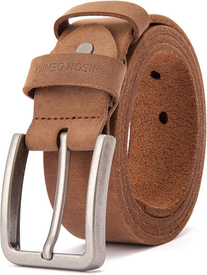 BISON DENIM Men's Belts Leather Dress Genuine Leather Classic Heavy Duty Buckle Belt Casual for Jeans