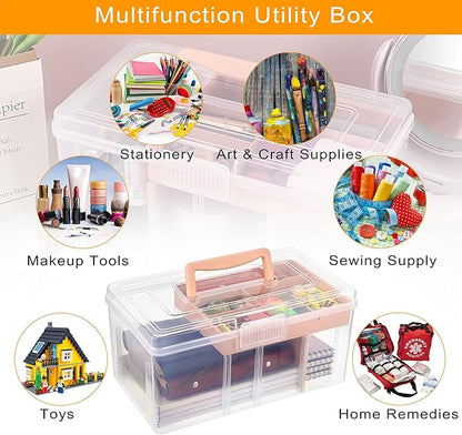 BTSKY 2 Layer Clear Plastic Dividing Storage Box with Removable Tray Multipurpose Stationery Storage Box with Handle Portable Sewing Boxes Art Craft Supply Organizer Home Utility Box(Big Pink)