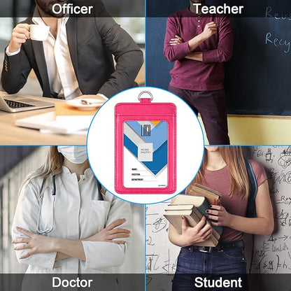 Badge Holder, Wisdompro 2-Sided PU Leather ID Badge Card Holder Wallet Case with 1 Clear ID Window and 1 Credit Card Slot and 22 Inch Quick Rlease Detachable Neck Lanyard Strap - Hot Pink (Vertical)