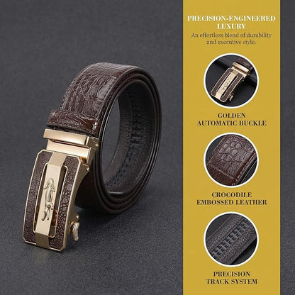 Luxury Crocodile Pattern Leather Belt with Automatic Buckle, Black and Brown, Gold and Gunmetal Buckle, Ratchet Design