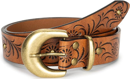 INOGIH Adjustable-Vintage-Western-Cowboy-Belt Women Men - Cowboy-Style Engraved-Buckle Belt for Jeans Pants Dresses