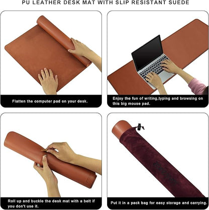 ZORESYN Large Office Desk Pad (63" x 23.6") - Waterproof PU Leather Desk Mat with Non-Slip Base, Oversized Extended Mousepad for Keyboard & Mouse, Light Brown