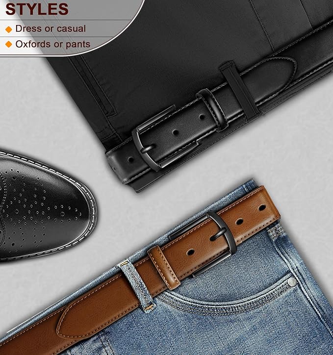 BULLIANT Men Belt 2Pack-Leather Belt 7Holes Comfortable For Men's Dress Casual Jeans 1 3/8"