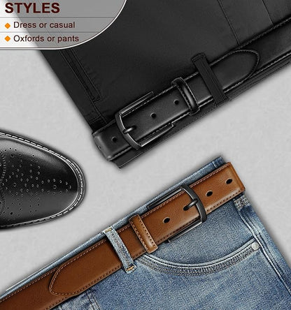 BULLIANT Men Belt 2Pack-Leather Belt 7Holes Comfortable For Men's Dress Casual Jeans 1 3/8"