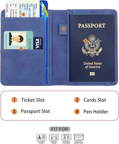 Melsbrinna Premium Leather Passport Holder Covers Case, Waterproof Rfid Blocking Travel Wallet Passport Holder with Pen Holder, Cute Passport Book for Women/Men
