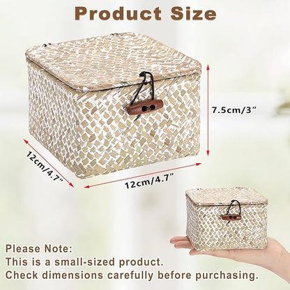 Hipiwe Handwoven Seagrass Basket Decorative Shelf Basket with Lid Mini Wicker Storage Box for Key Hair Ties, Whitewash 4.7" x 4.7" x 3"