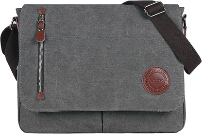 Mactso Vintage Canvas Messenger Bag for Men Women, 13.5 Inch Laptop Satchel Shoulder Bag with Multiple Pockets, Crossbody Bag for Work Travel College (Grey)