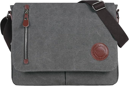 Mactso Vintage Canvas Messenger Bag for Men Women, 13.5 Inch Laptop Satchel Shoulder Bag with Multiple Pockets, Crossbody Bag for Work Travel College (Grey)