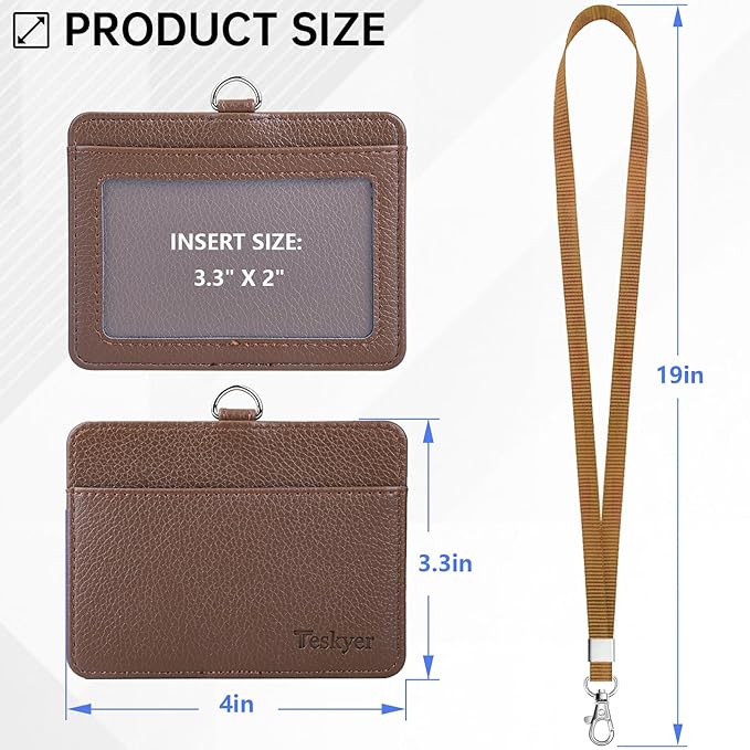 Teskyer Badge Holder with Lanyard, Leather ID Name Badge Card Holder with Lanyard for ID Badges, Horizontal, Lychee Pattern Coffee