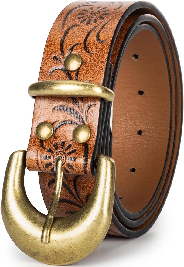 INOGIH Adjustable-Vintage-Western-Cowboy-Belt Women Men - Cowboy-Style Engraved-Buckle Belt for Jeans Pants Dresses