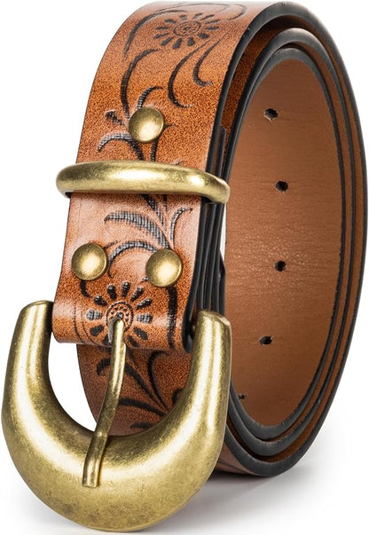 INOGIH Adjustable-Vintage-Western-Cowboy-Belt Women Men - Cowboy-Style Engraved-Buckle Belt for Jeans Pants Dresses