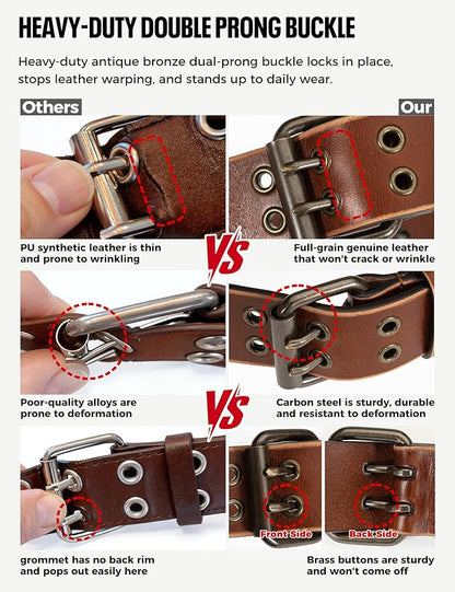 1.5" Double Hole Full Grain Leather Belt - Vintage Distressed Casual Belt for Men Women with Double Prong Buckle