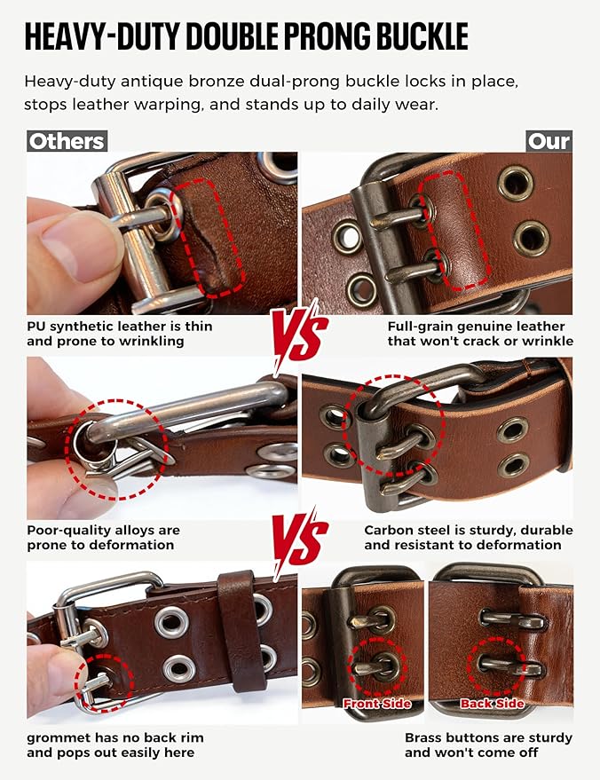 1.5" Double Hole Full Grain Leather Belt - Vintage Distressed Casual Belt for Men Women with Double Prong Buckle