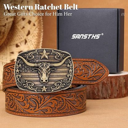 SANSTHS Western Cowboy Ratchet Belts for Men Women Leather Cowboy Belt with Automatic Western Buckle for Jeans Gifts