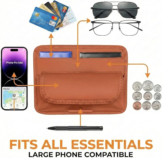 HOLDCY Car Visor Organizer – Sun Visor Storage Pouch Holder for Vehicle Truck SUV, PU Leather Auto Interior Accessories for Registration Document, Gas Card & Sunglasses, Universal Fit (Oranger)