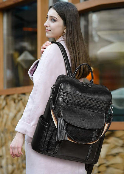 Shrrie Laptop Backpack for Women 15.6 inch,Travel Leather Backpack Purse Nurse Teacher Carry on Backpack Computer Bag,Professional Water-Resistant College Business Work Casual Daypack,Black