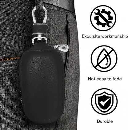 Car Key Case, Genuine Leather Auto Key Fob Protector, Universal Key Fob Cover Case with Metal Hook, Car Smart Keychain Holder for Remote Key Fob, Vehicle Keyring Zipper Bag (Black)
