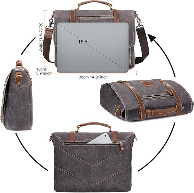 Manificent Laptop Messenger bag for Mens 15.6 Inch, Waterproof Vintage Genuine Leather Mens Briefcase shoulder bag 16 Storage Pockets, Waxed Canvas Leather Computer Business Satchel Work Bag (Gray)