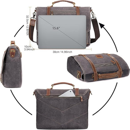 Manificent Laptop Messenger bag for Mens 15.6 Inch, Waterproof Vintage Genuine Leather Mens Briefcase shoulder bag 16 Storage Pockets, Waxed Canvas Leather Computer Business Satchel Work Bag (Gray)