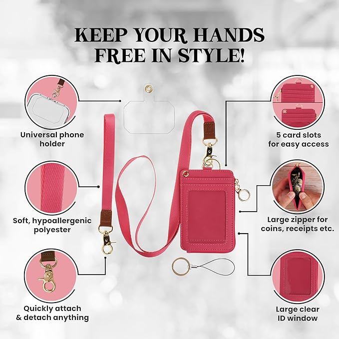 Mondo Designs 2-in-1 ID Badge Holder & Lanyard Wallet - Multi-Use Womens Small Wallet with Removable Wristlet & Neck Lanyard, Clear Window, 5 Card Slots, Phone Holder, Ring Keychain - Hot Pink