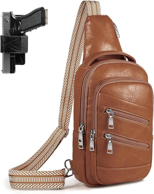 Conceal Carry Sling Bag - Virgan Leather Sling Backpack Fanny Pack Crossbody Chest Bags with Holster&Guitar Strap…