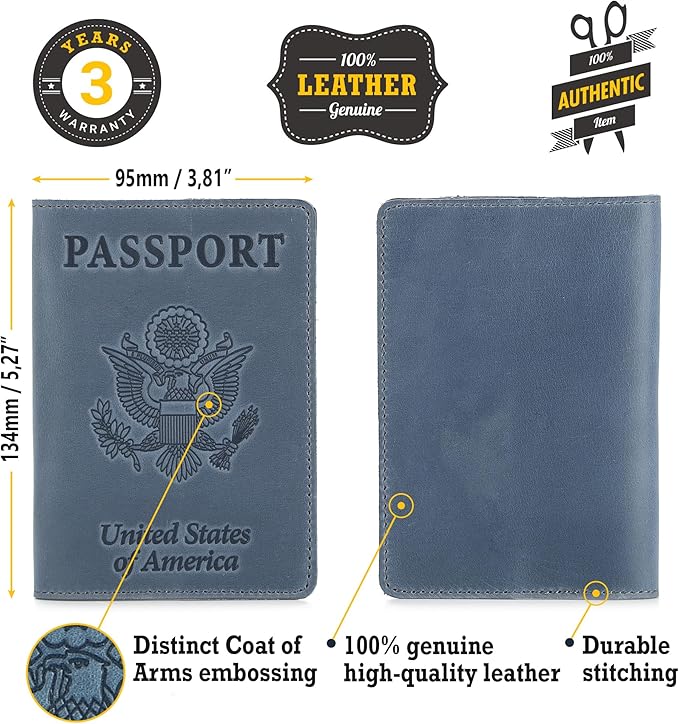 Shvigel US Leather Passport Book Cover - Thin American Travel Passport Holder - Premium International USA Passport Protector Case for Women Men (Light Blue Vintage)