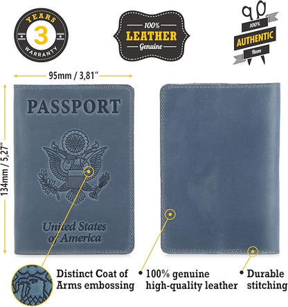 Shvigel US Leather Passport Book Cover - Thin American Travel Passport Holder - Premium International USA Passport Protector Case for Women Men (Light Blue Vintage)