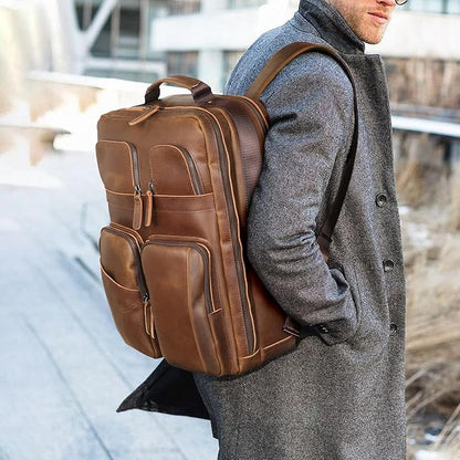 Polare 17.3 Inch Full Grain Leather Backpack for Men and Women Multi Pockets Business Travel Laptop Rucksack (Light Brown)