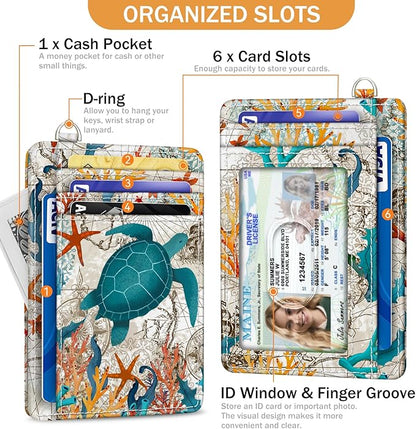 Yonlevres Credit Card Holder Slim Wallet, Sea Turtle RFID Wallet Women Front Pocket Small Card Holder Travel Cute Funny Thin Card Case ID Window PU Leather RFID Blocking Card Organizer Gifts Girls