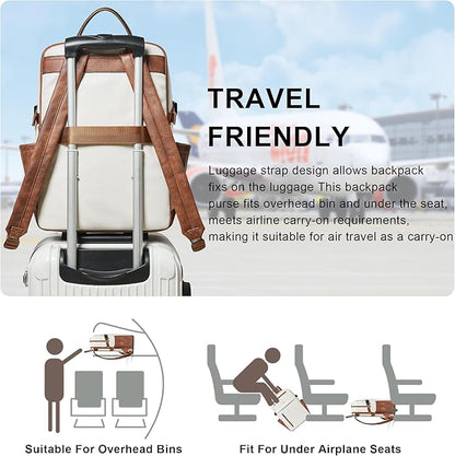 Leather Laptop Backpack for Women, 15.6 Inch Laptop Travel Backpack Purse Large Capacity Computer Bag, Casual Daypack Nurse Bag College Bookbag for School, Beige