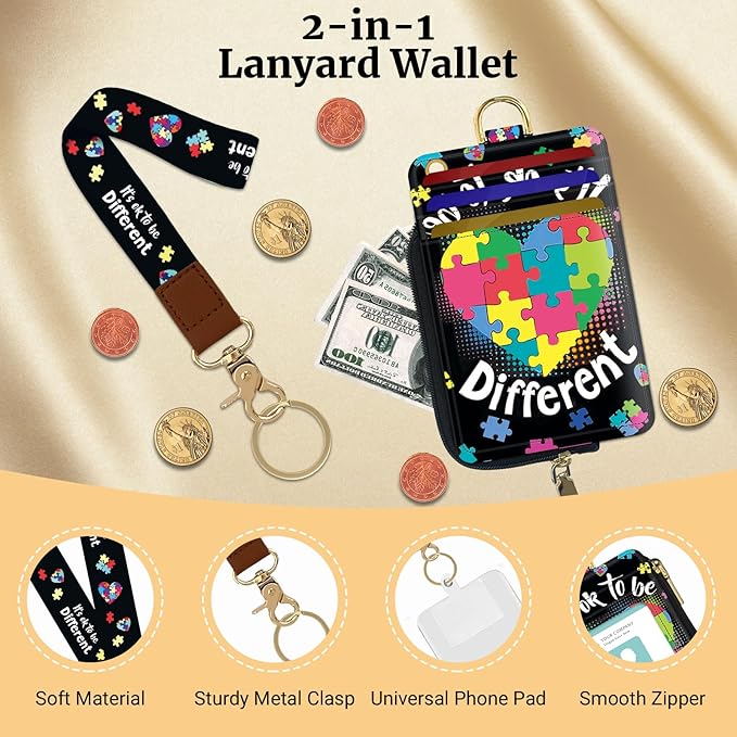 2-in-1 ID Badge Holder & Lanyard Wallet,Multi Use Womens Small Wallet with Zipper Pocket for Women Men with Wristlet and Neck Lanyard 5 Card Slots Work Essential (It's ok to be)